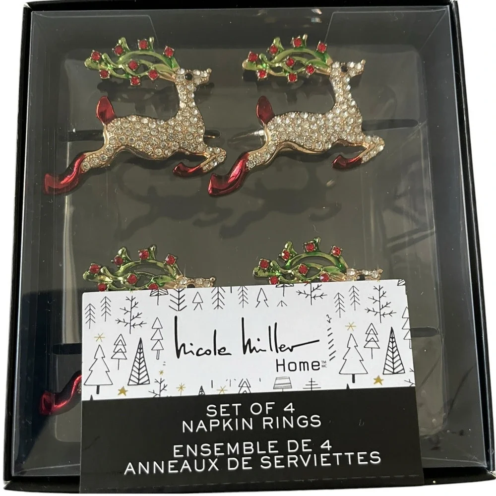 Nicole Miller Christmas Rhinestone Reindeer Napkin Rings Set of 4 Holiday Glam